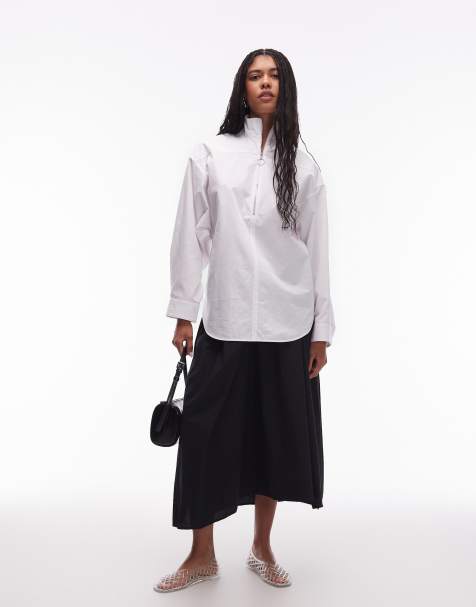ARKET oversized high collar shirt with minimal zip front in white - view 1