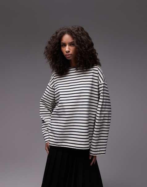 ARKET oversized jersey t-shirt with long sleeved and split hem in blue and white stripes