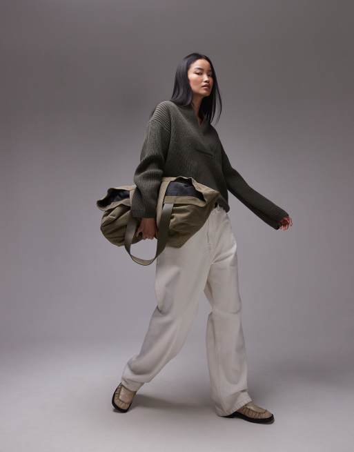 ARKET - Oversized kakifarvet sweater i uldblandet ribstrik med sjalskrave, 3 af 4