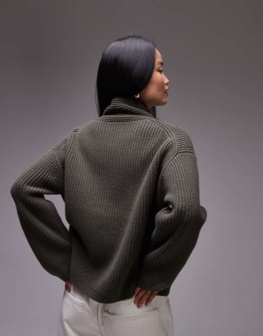 ARKET - Oversized kakifarvet sweater i uldblandet ribstrik med sjalskrave, 4 af 4
