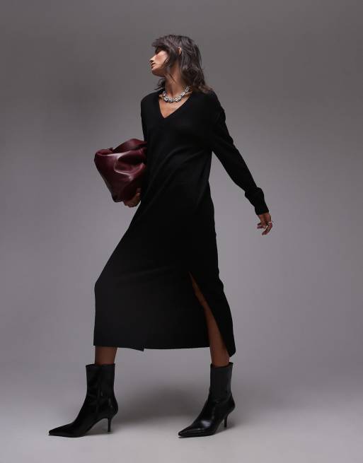 ARKET oversized knit midaxi dress with side splits in black