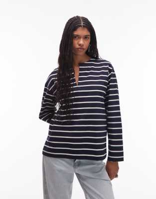 Arket Oversized Long Sleeve Jersey T-shirt With Open V Neck And Side Slits In Blue