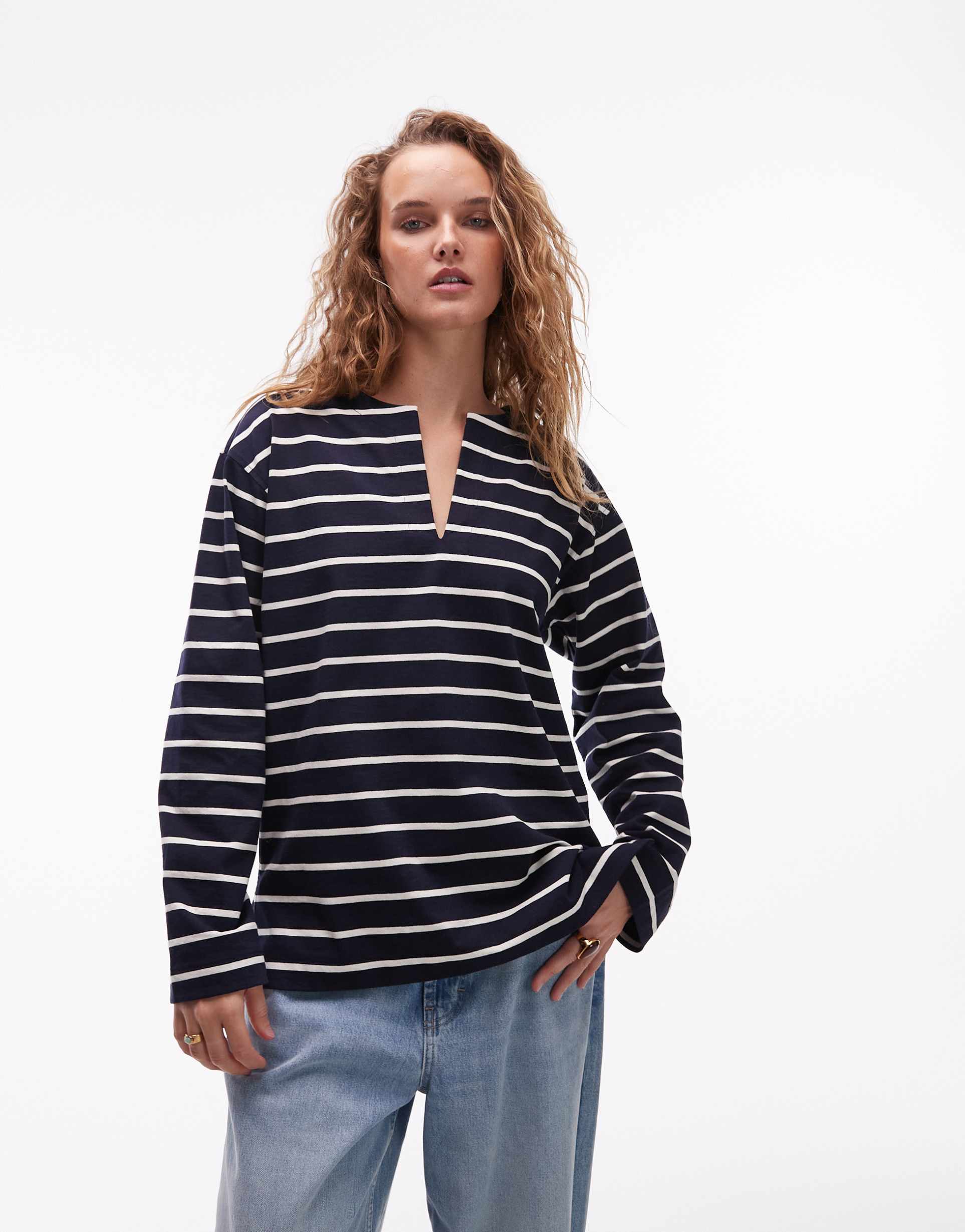 arket oversized long sleeve jersey t-shirt with open v neck and side slits in navy and white stripes