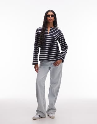 Arket Oversized Long Sleeve Jersey T-shirt With Open V Neck And Side Slits In Blue