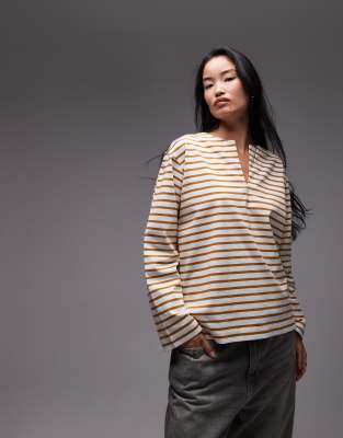 Arket Oversized Long Sleeve Jersey T-shirt With Open V Neck And Side Splits In Brown