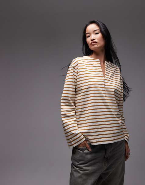 ARKET oversized long sleeve jersey t-shirt with open v neck and side splits in brown and white stripes - view 1