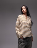 [Arket] ARKET oversized long sleeve jersey t-shirt with open v neck and side splits in brown and white stripes S Brown Stripes