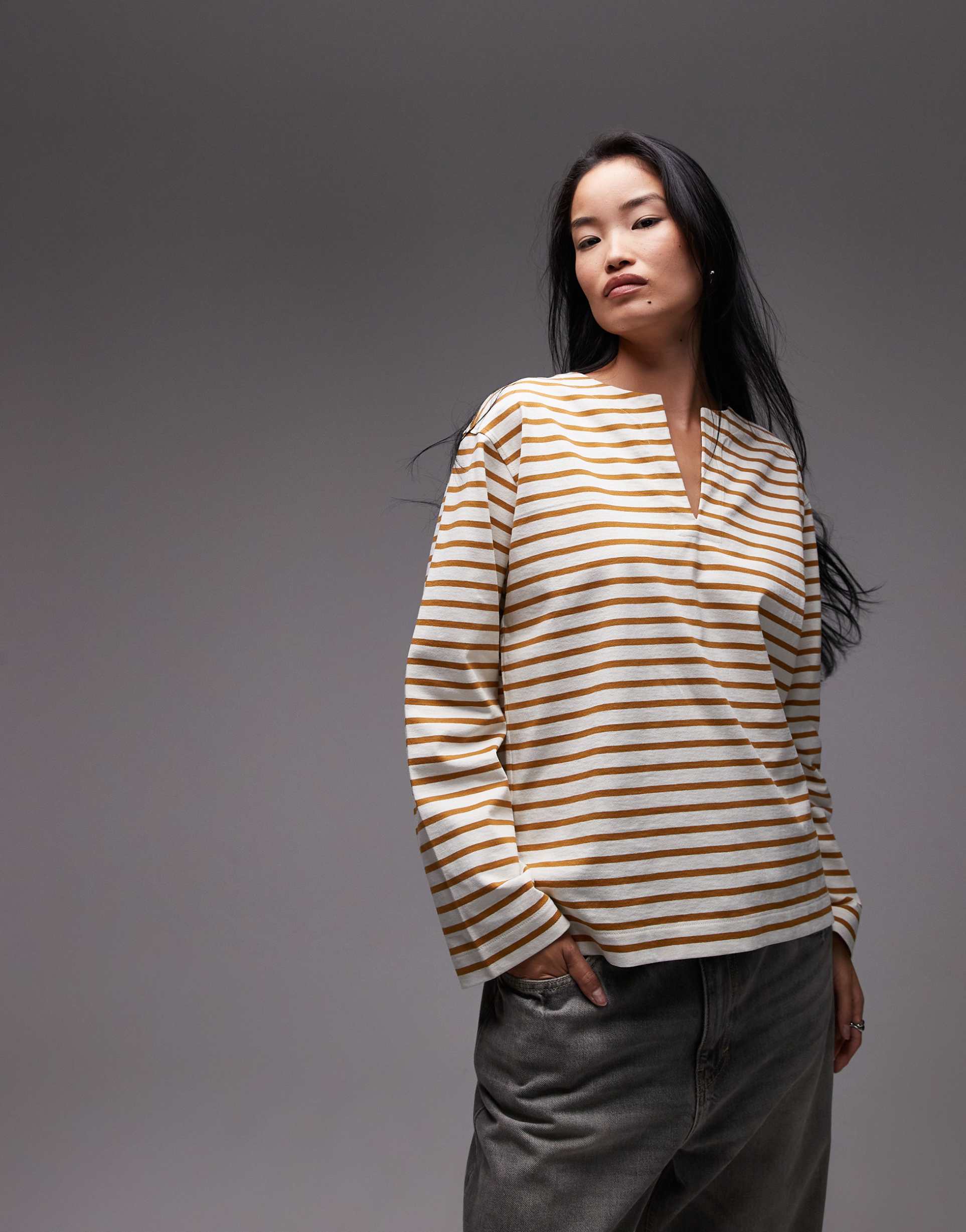 arket oversized long sleeve jersey t-shirt with open v neck and side splits in brown and white stripes