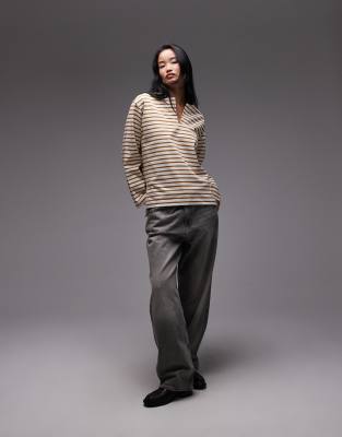 Arket Oversized Long Sleeve Jersey T-shirt With Open V Neck And Side Splits In Brown