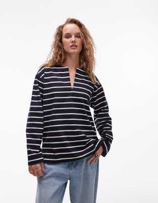 Arket ARKET oversized long sleeve jersey t-shirt with open v neck and side splits in navy and white stripes-Multi