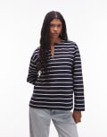 [Arket] ARKET oversized long sleeve jersey t-shirt with open v neck and side splits in navy and white stripes-Multi XS Blue white stripes