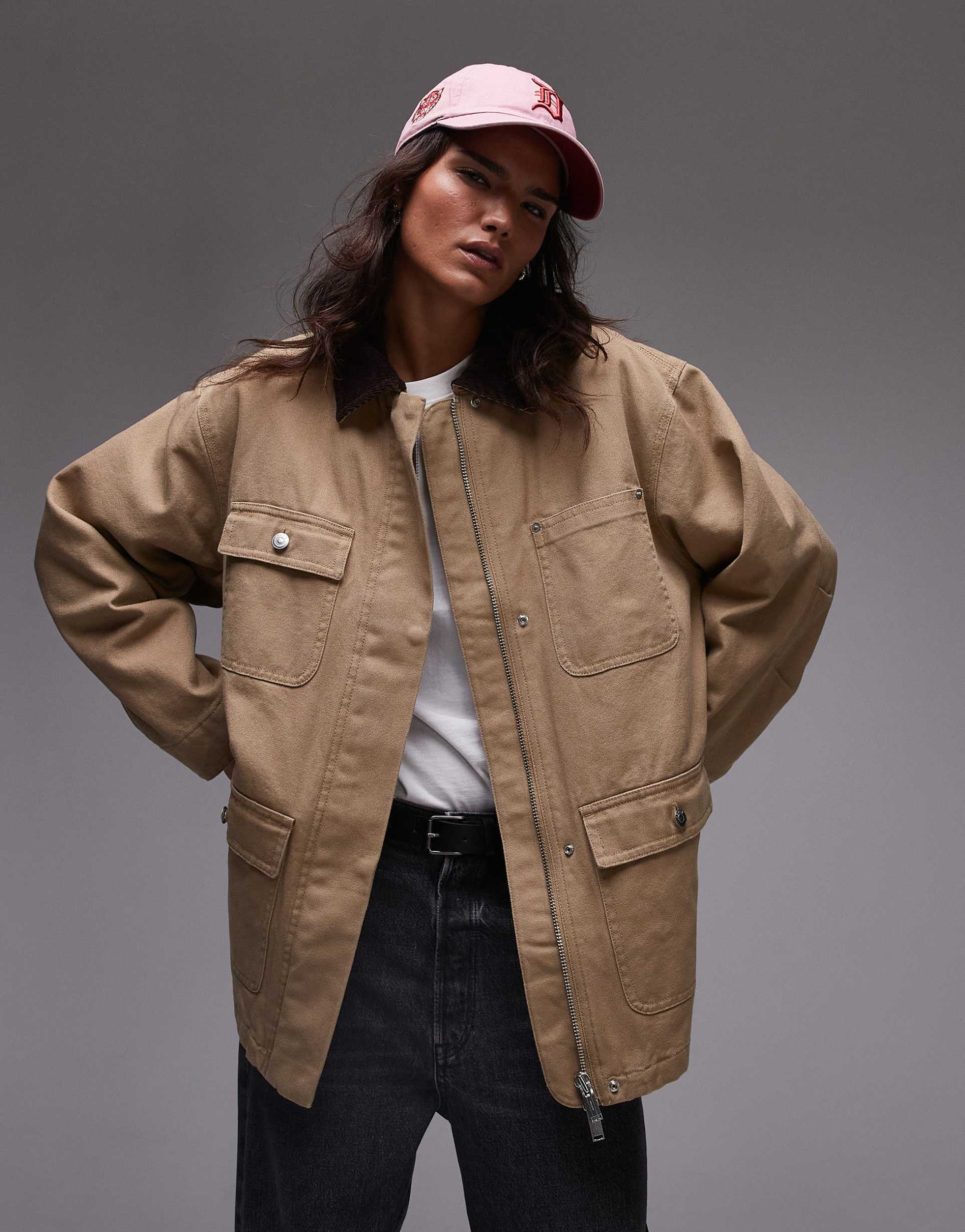 arket oversized padded workwear barn jacket with flap pockets and contrast collar