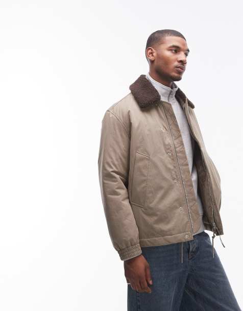 ARKET padded jacket in beige with faux fur collar  - view 1
