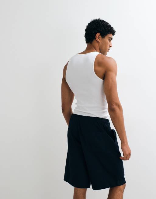 ARKET - Pantalones cortos azules con cordón ajustable de mezcla de lino, 5 de 5