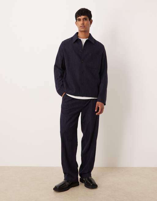 ARKET - Pantaloni blu navy in misto lana con motivo gessato in coordinato