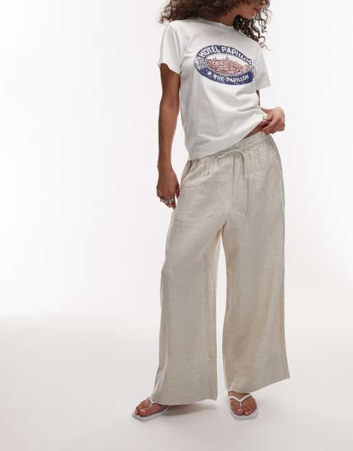 ARKET - Pantaloni taglio corto beige chiaro in lino con coulisse in vita