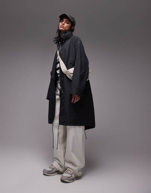 ARKET - Parka taglio lungo leggero grigio spalmato multitasche con cappuccio ripiegabile 