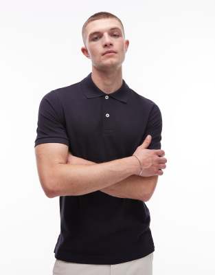 pique jersey short sleeve polo shirt in navy blue