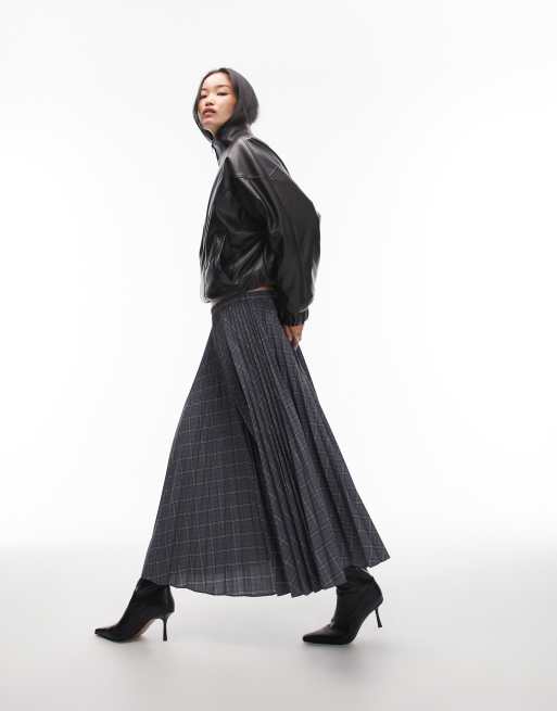 ARKET pleated volume midi skirt in gray plaid, 3 of 5