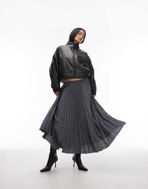 ARKET pleated volume midi skirt in grey check