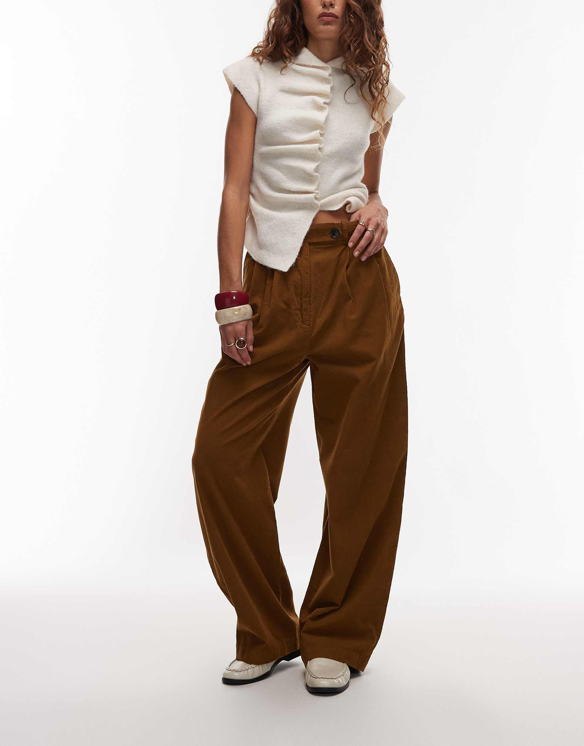 arket pleated wide leg cord pants with tailored waistband in light brown