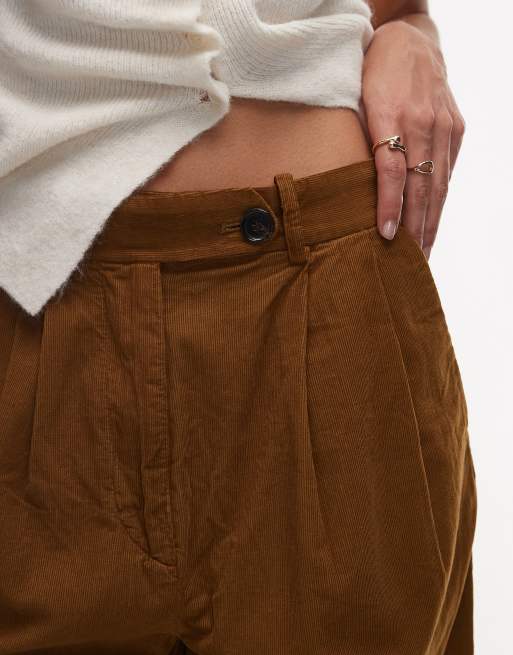 ARKET pleated wide leg cord trousers with tailored waistband  in light brown, 4 of 5