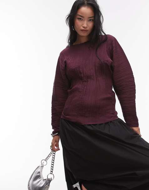 ARKET plisse top with sculptural sleeves in burgundy - view 1