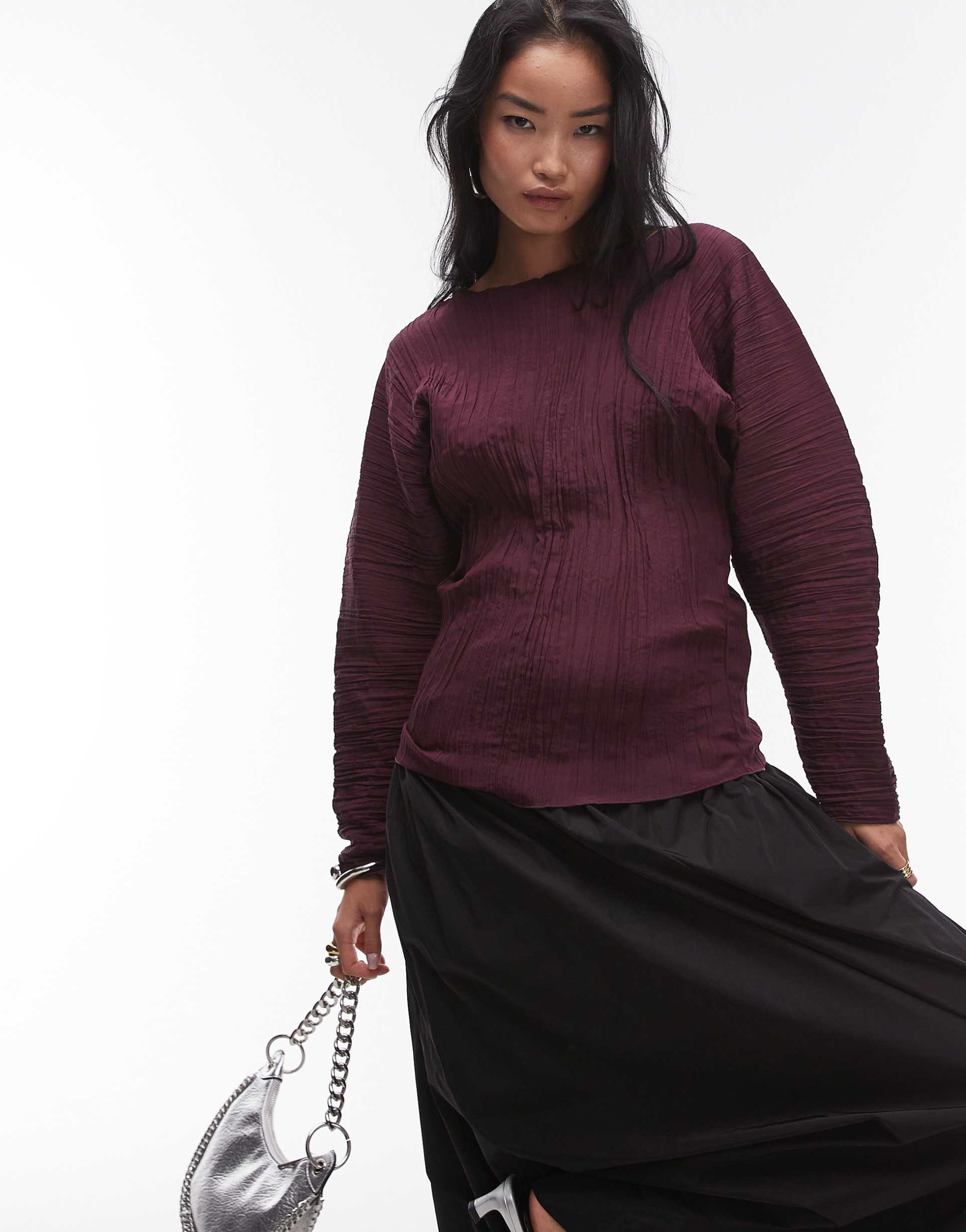 arket plisse top with sculptural sleeves in burgundy