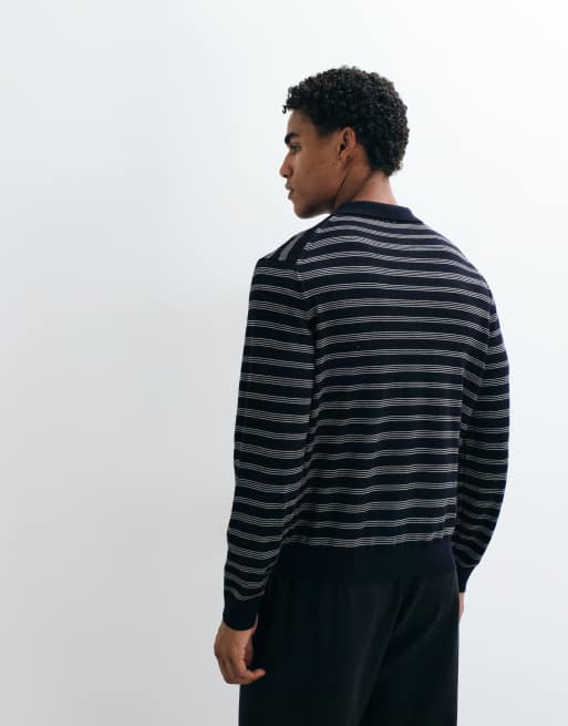 ARKET polo a maniche lunghe in pura lana merino a righe navy, 4 di 5