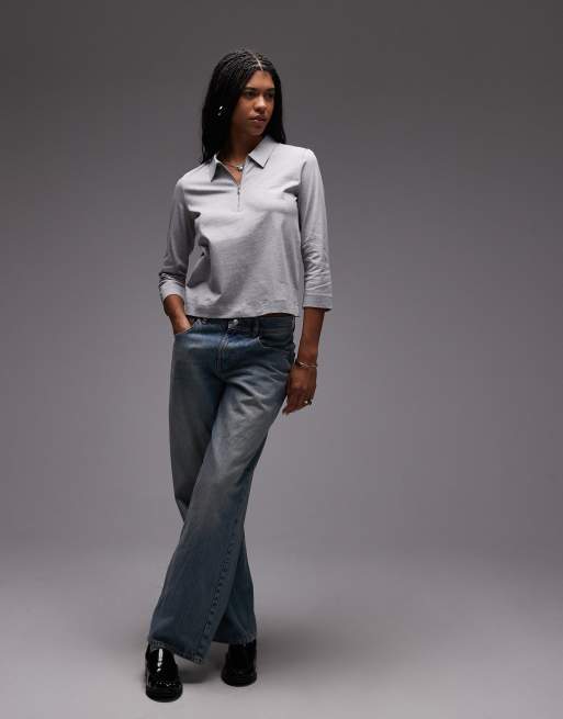 ARKET - Polo en jersey côtelé avec col zippé et manches 3/4 - Gris, 2 de 4