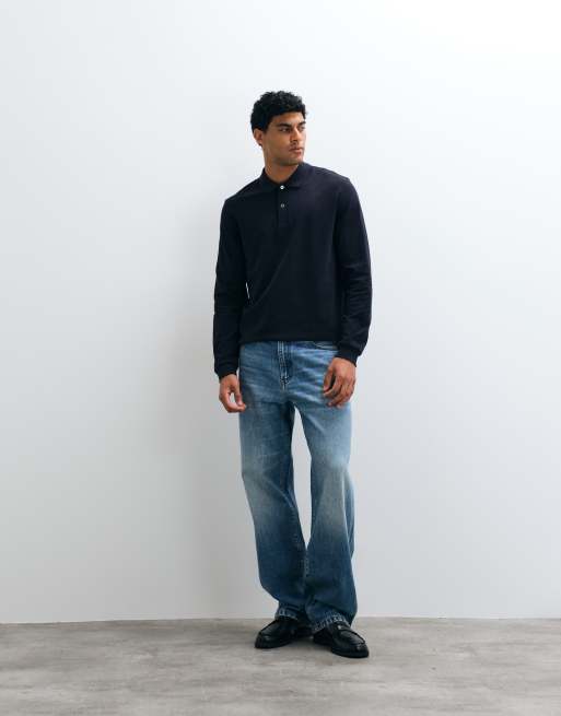 ARKET poloshirt van puur katoen met lange mouwen in donkerblauw, 2 van 5