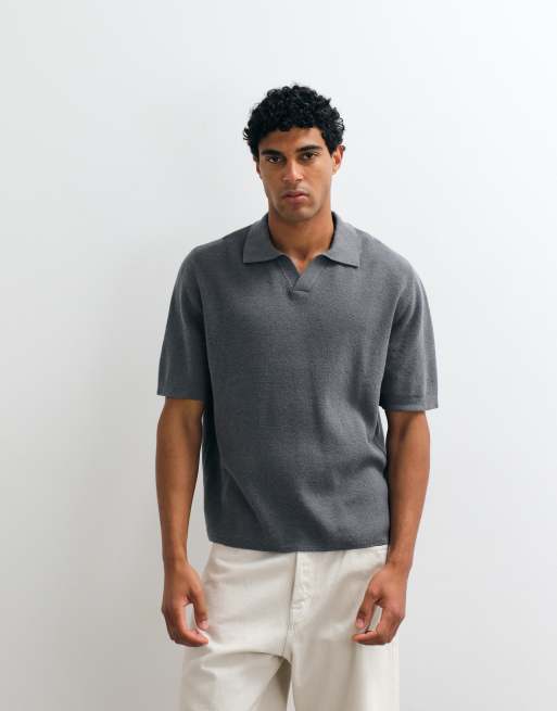 ARKET - Poloshirt van zachte linnenmix met korte mouwen in donkergrijs, 3 van 5
