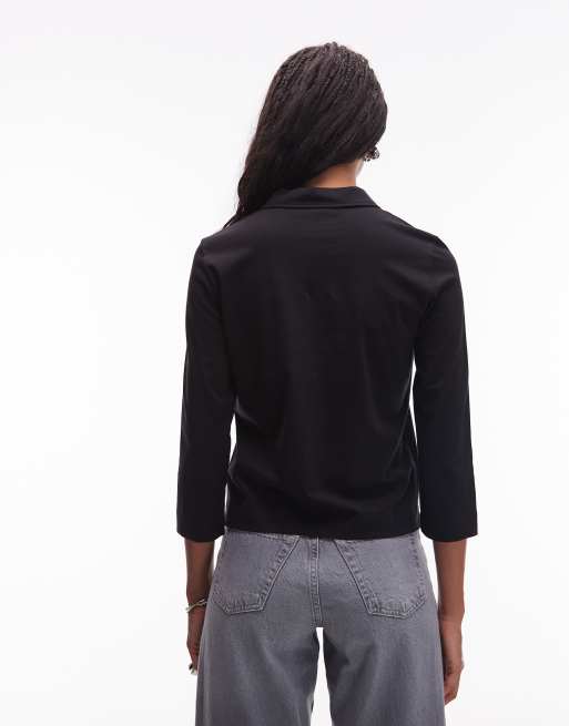 ARKET - Polotop van geribbelde jersey met ritskraag en 3/4 mouwen in zwart, 3 van 4