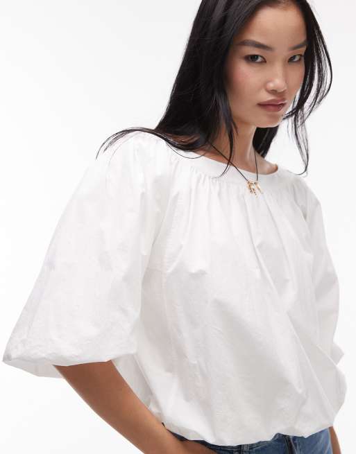 ARKET poplin top with bubble hem in white, 3 of 4