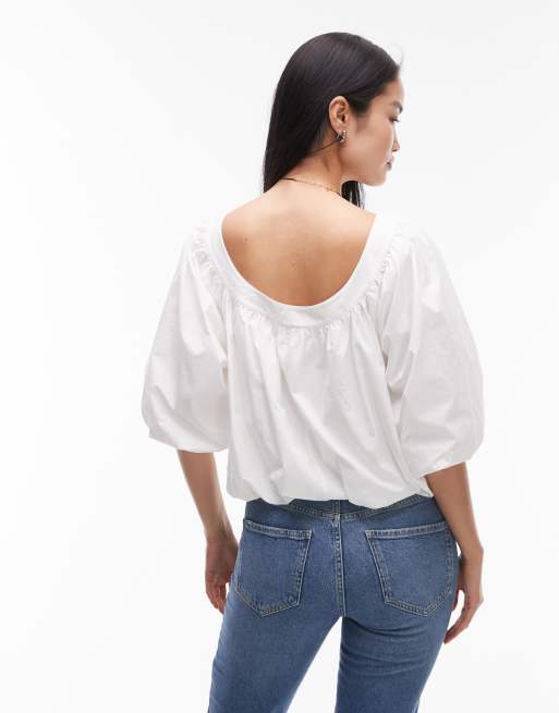 ARKET poplin top with bubble hem in white, 4 of 4