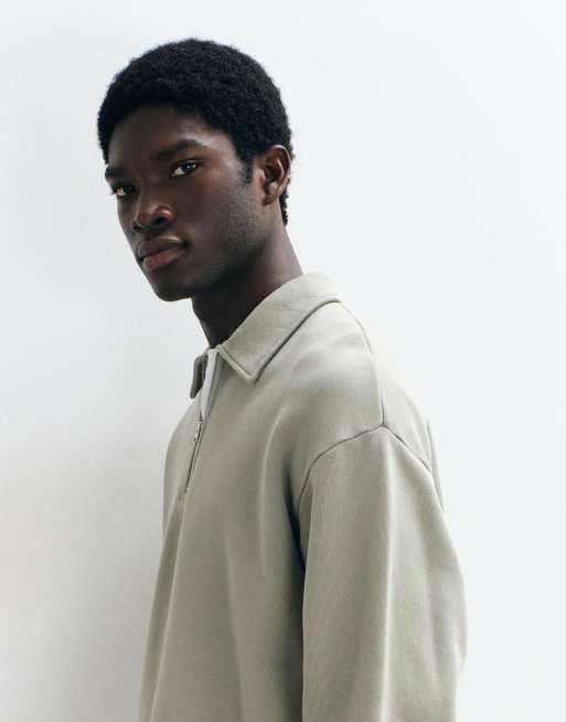 ARKET premium bomuldssweatshirt med halv lynlås og polokrave i khaki, 4 af 5
