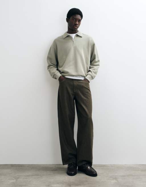 ARKET Premium felpa con mezza zip in cotone puro con colletto polo in khaki, 2 di 5