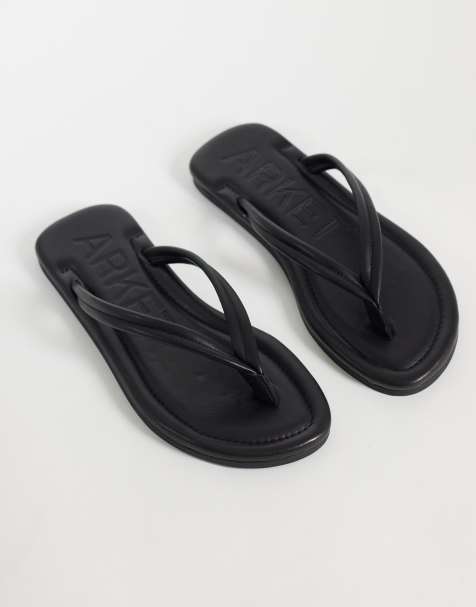 ARKET premium leather square toe flat flip flop thong sandal in black - view 1