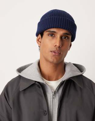 Arket ARKET premium rich wool ribbed short beanie hat in navy-Brown
