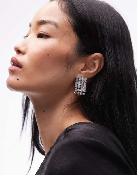 ARKET premium silver plaited brass rhinestone square drop earrings in silver - view 1