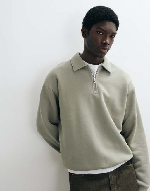 ARKET premium sweatshirt van katoen met half-zip en polokraag in kaki, 3 van 5