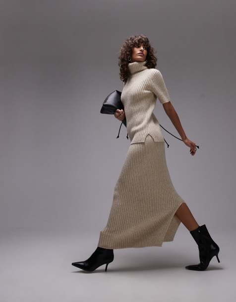 ARKET premium co-ord wool and cotton blend knitted rib maxi skirt in light beige