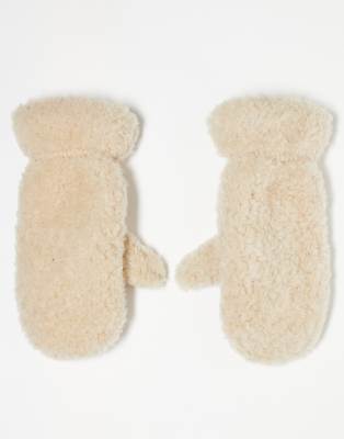 Arket ARKET premium wool blend faux shearling mittens in cream-White