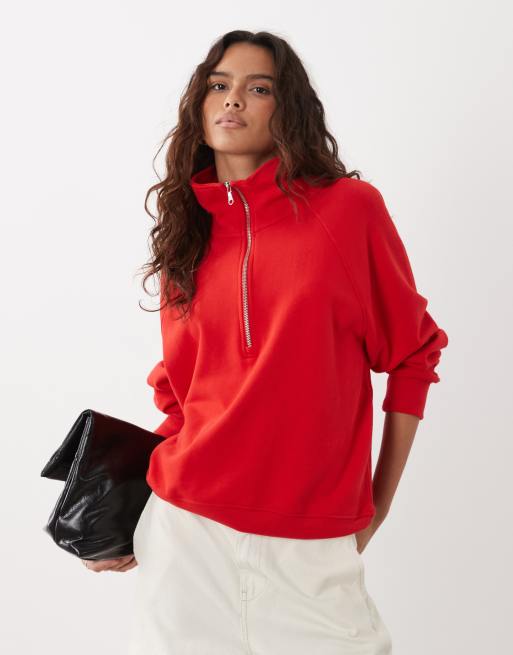 ARKET pull athleisure 100 % coton à manches longues et demi-zip rouge vif, 2 de 4