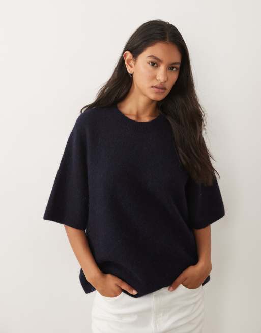ARKET - Pull en alpaga et laine mélangés à manches courtes - Bleu foncé, 3 de 4