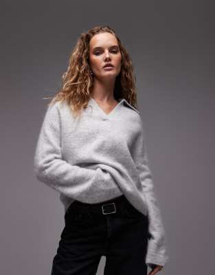 Pull en laine et alpaga avec col polo - Gris chiné L