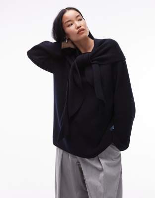 Pull en laine mélangée côtelée avec châle style écharpe - Bleu marine foncé XS