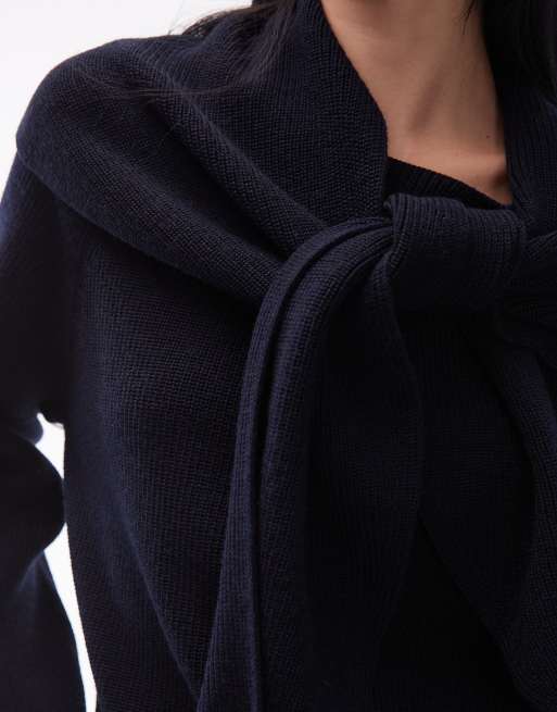 ARKET - Pull en laine mélangée côtelée avec châle style écharpe - Bleu marine foncé, 2 de 4