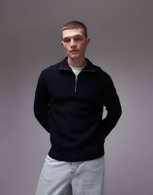 ARKET - Pull épais côtelé en laine mélangée à col cheminée zippé - Bleu