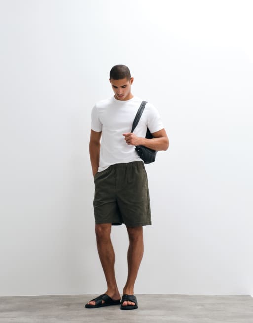 ARKET pull on drawstring cord shorts in khaki green, 3 of 5
